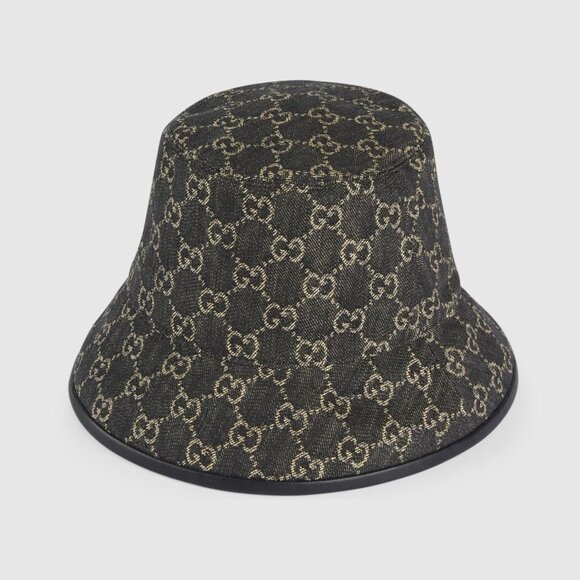 GUCCI HAT GG LOGO MONOGRAM JACQUARD BLACK w LEATHER TRIM BUCKET UNISEX - Picture 3 of 16